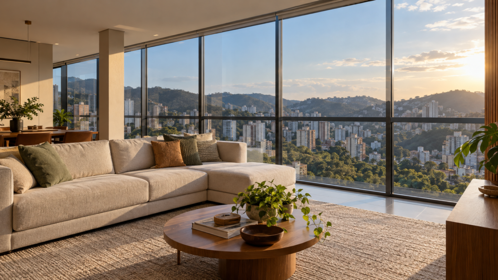 Sala contemporânea com película solar nas janelas para reduzir o calor e preservar a vista