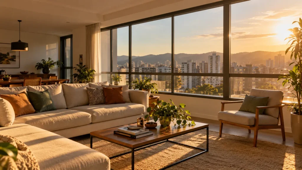 Janela de sala em Belo Horizonte com sol da tarde e película de controle solar