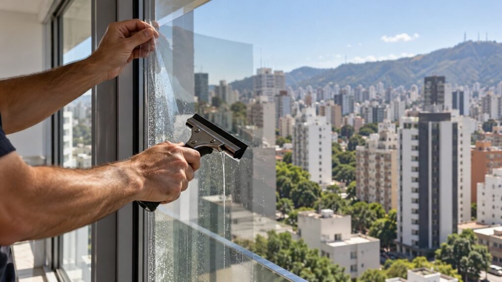 Aplicação de película de controle solar em janela de apartamento na Savassi, Belo Horizonte