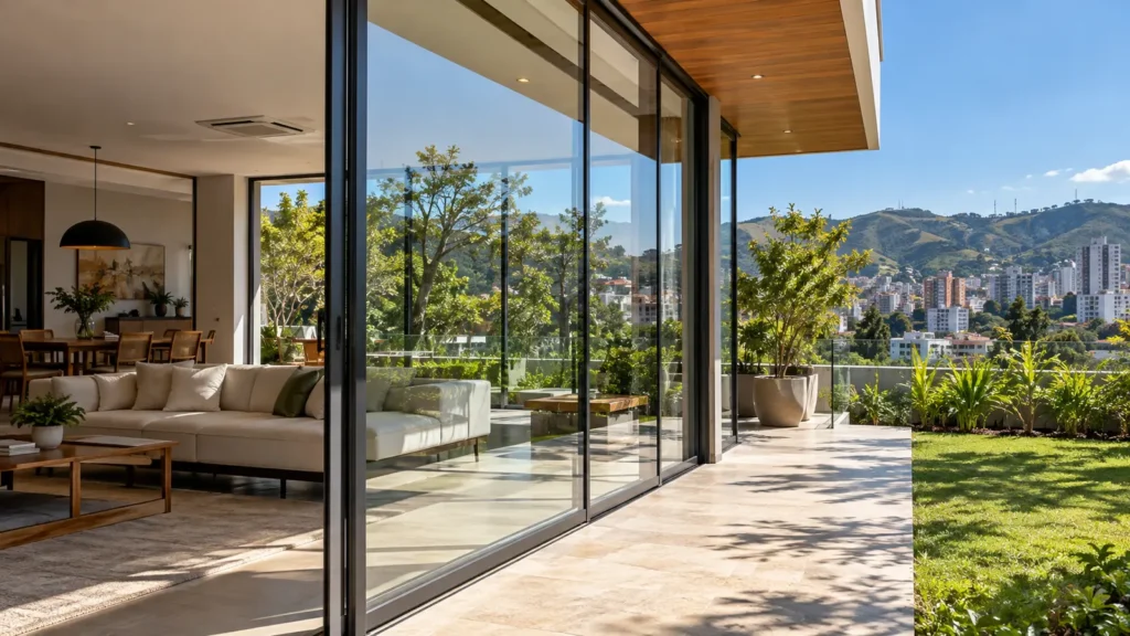 Janela residencial clara com película de controle solar transparente em Belo Horizonte